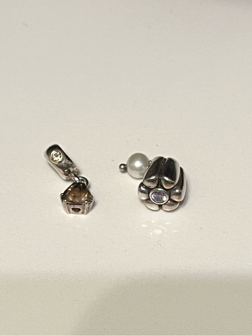 Pandora Silver Floral Charm with Pearl and Light Brown Stone